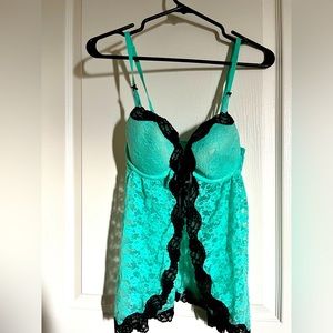 La Senza Babydoll open front with tie aqua/black M